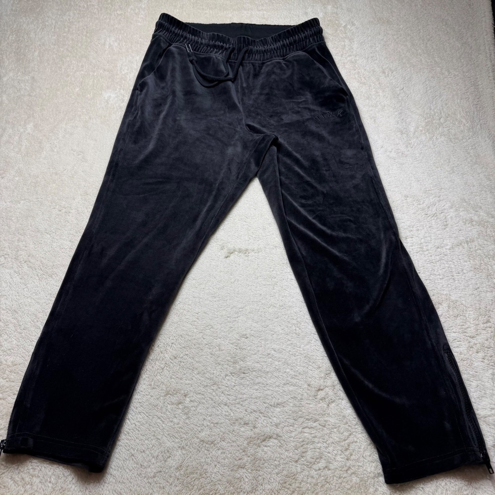 PINK Victoria's Secret Velour Track Pants Joggers Y2K Zip Ankle Black Size Lg